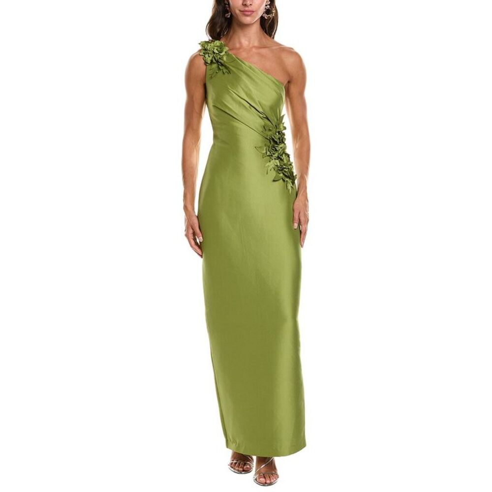 Badgley Mischka Womens  One Shoulder Flower Gown, Green
